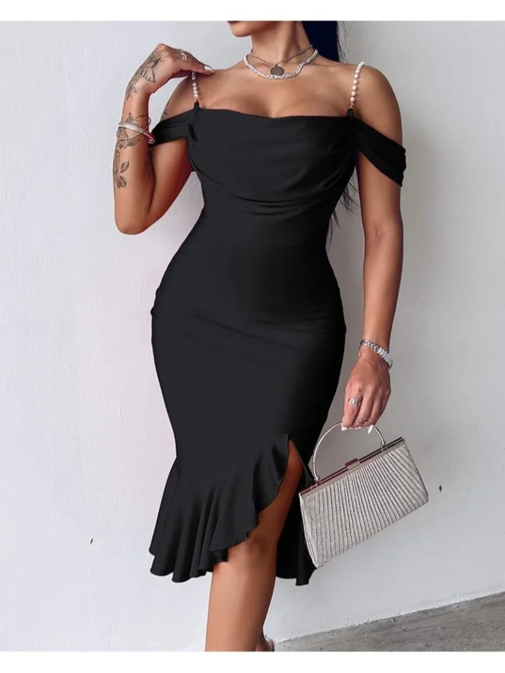 👗Women's Black Off Shoulder Design Cocktail  Pearls Strap Bodycon Midi Dress
